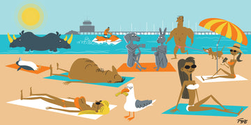 Cartoon illustration of a beach scene with various animals and people lounging.