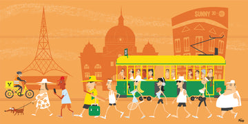 Illustration of a city street scene with people, a tram, and architectural landmarks on an orange background.