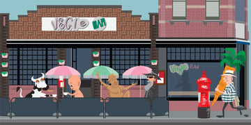 Cartoon-style illustration of a bar with characters sitting outside under umbrellas.