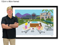 Man standing next to a framed illustration of people by a pool with a house in the background.