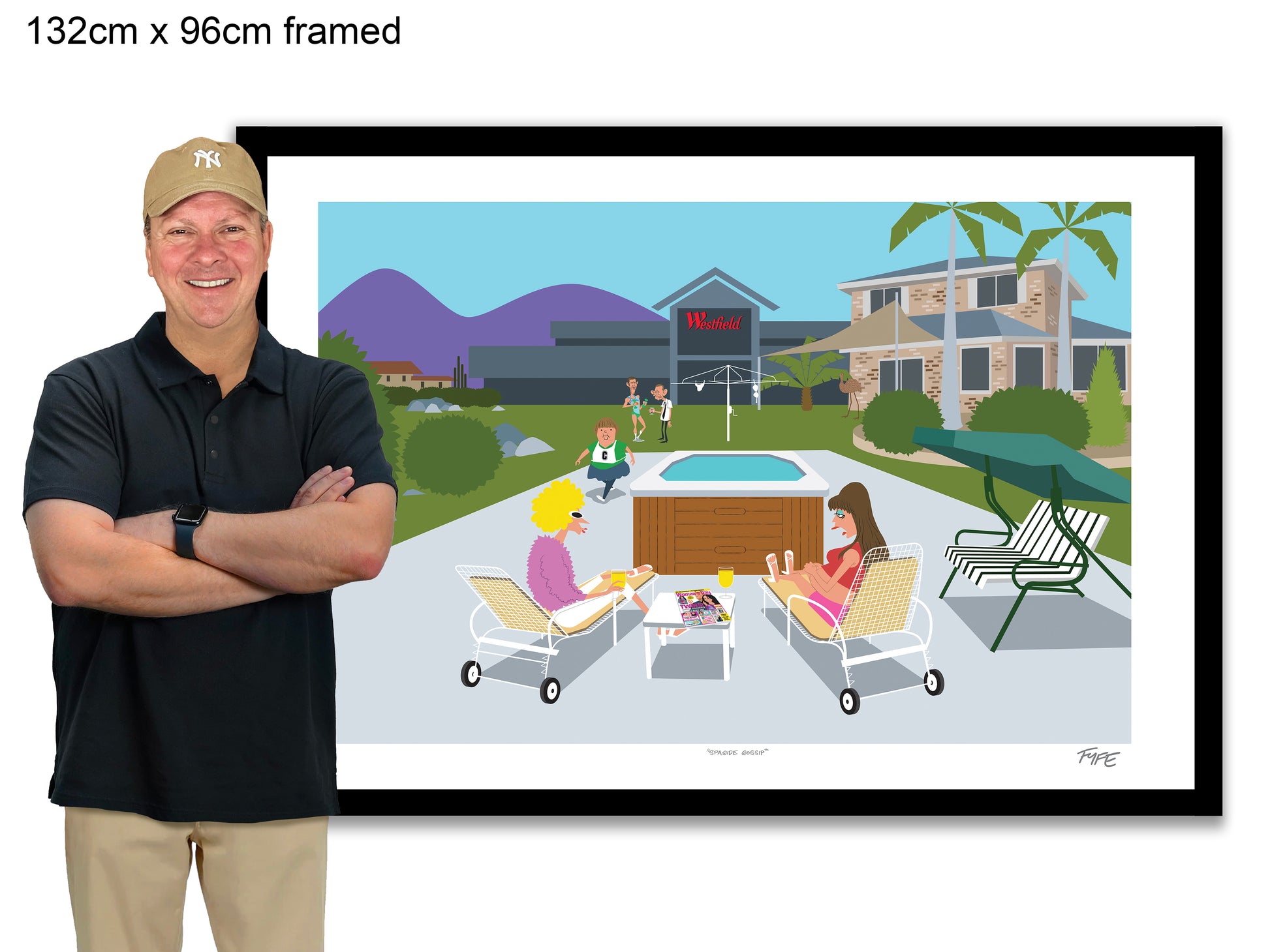 Man standing next to a framed illustration of people by a pool with a house in the background.