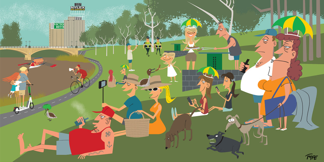 Colorful illustration of people enjoying a park with various activities