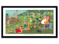 Cartoon-style illustration of a park scene with people and dogs.
