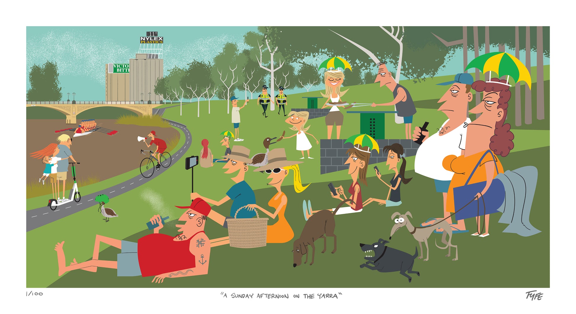 Cartoon illustration of a park scene with people enjoying various activities.