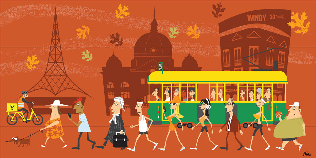 Illustration of a city street scene with people, a tram, and architectural elements on an orange background.