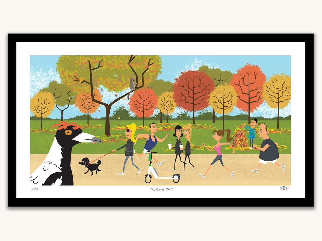 Cartoon illustration of people walking and enjoying a park in autumn.
