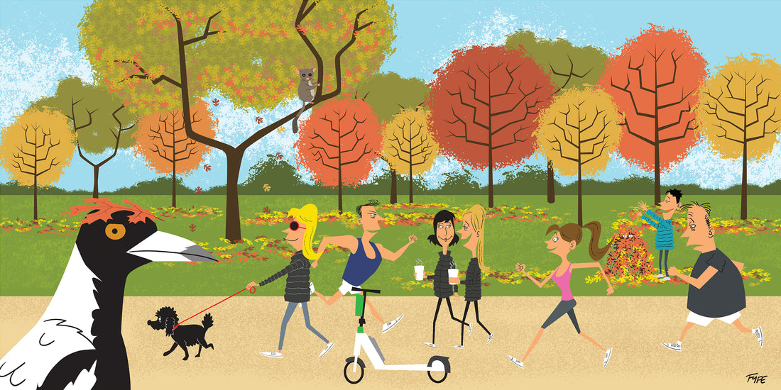 Cartoon illustration of people walking and enjoying a park in autumn.
