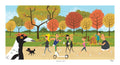 Cartoon scene of people walking and enjoying a park with autumn trees.