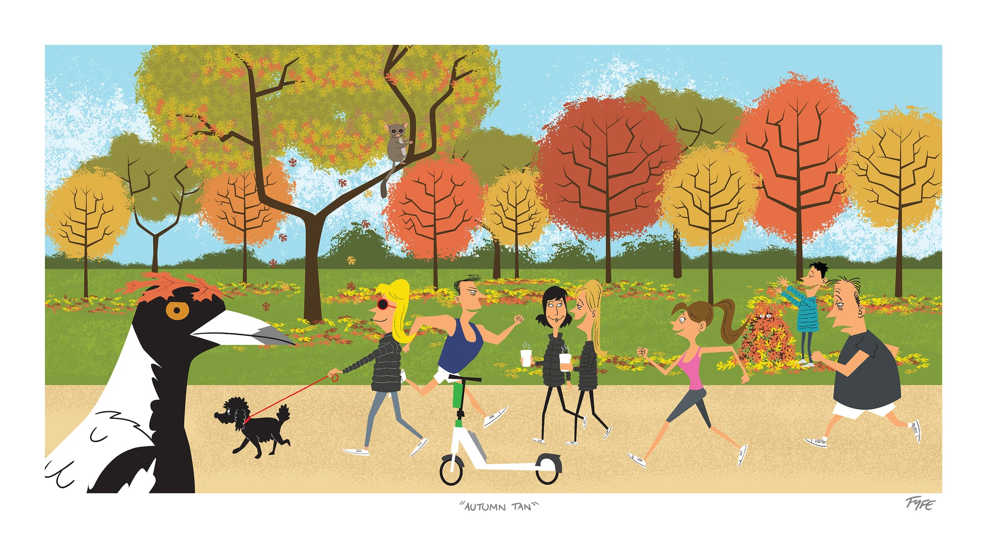 Cartoon scene of people walking and enjoying a park with autumn trees.