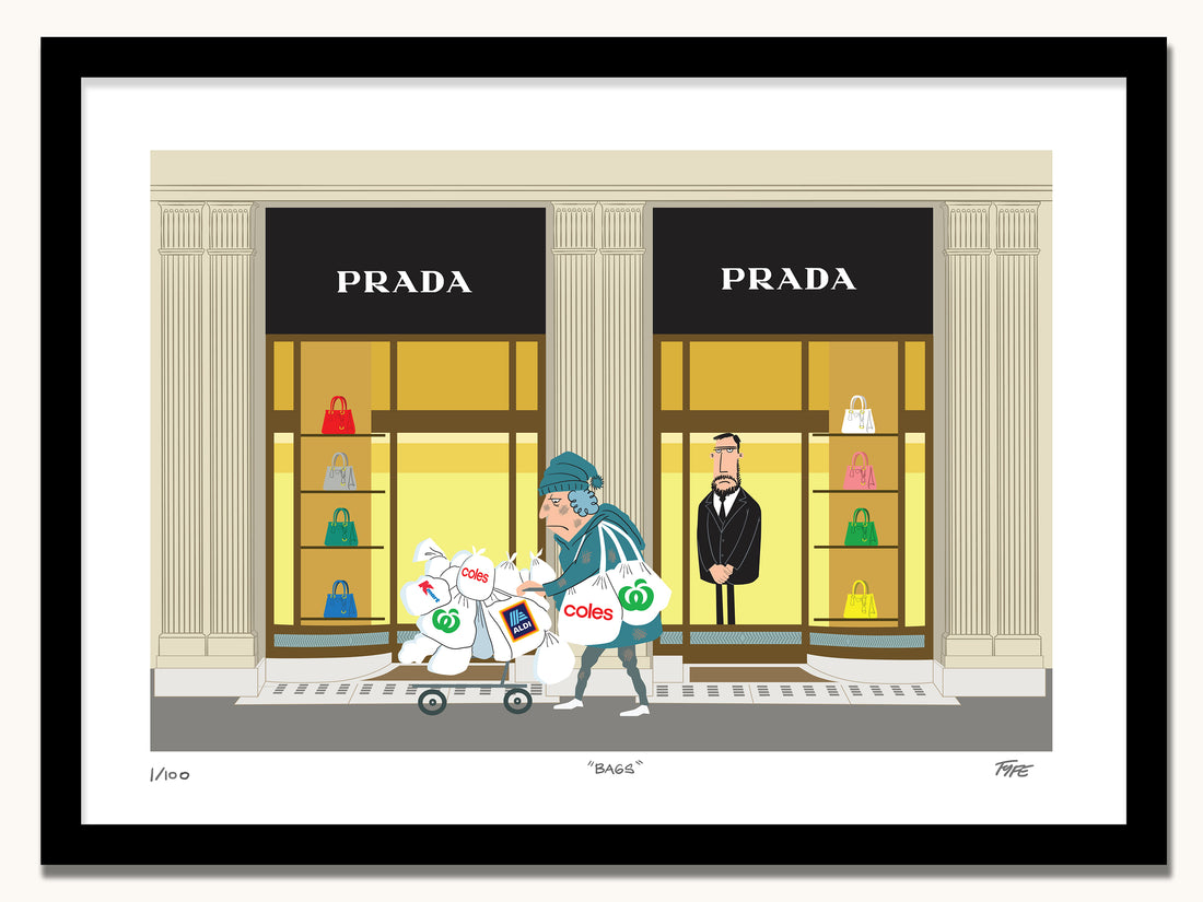 Cartoon of a woman with shopping bags in front of Prada store