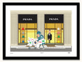 Cartoon illustration of a person with shopping bags in front of Prada store windows.