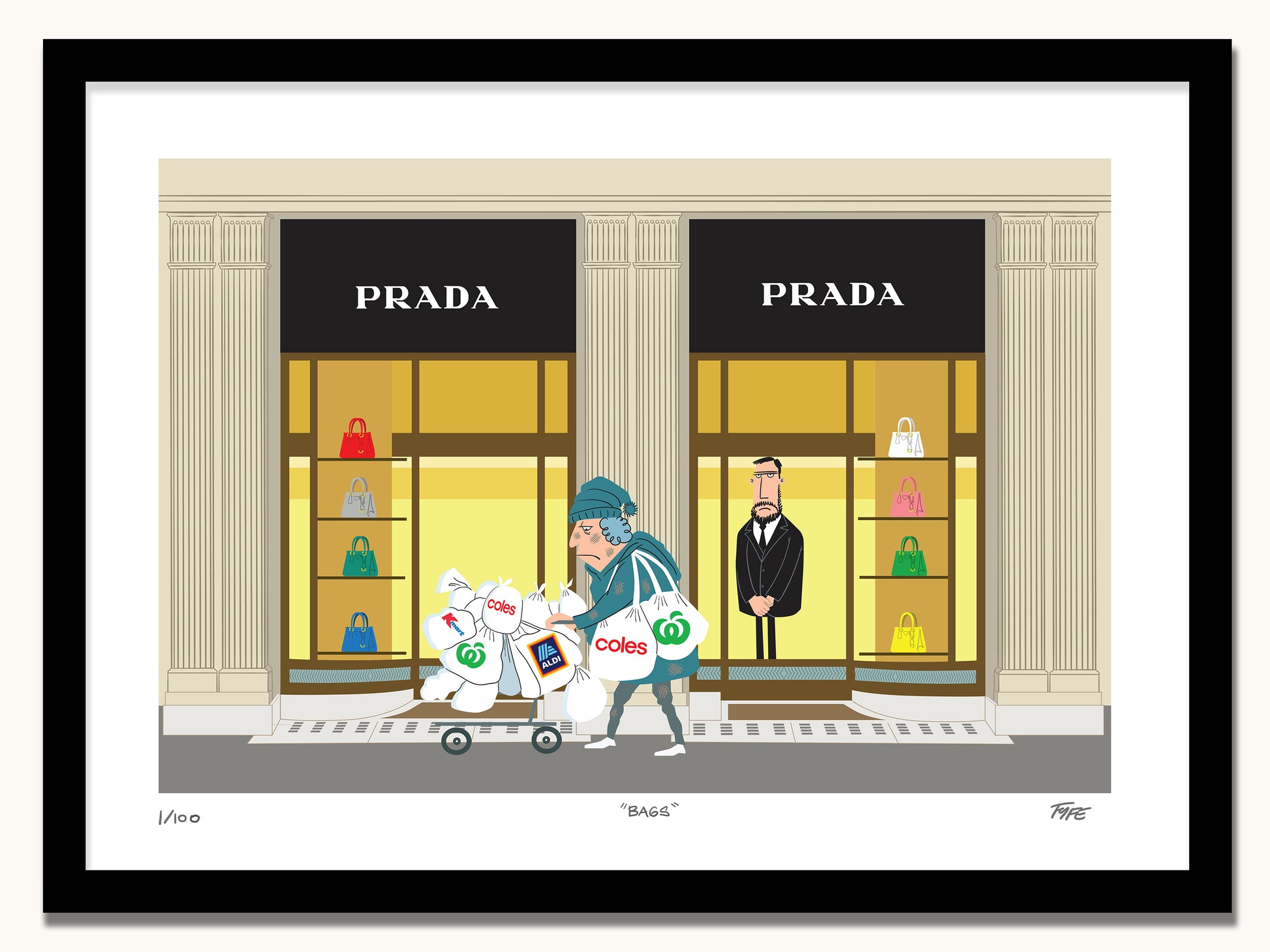 Cartoon illustration of a person with shopping bags in front of Prada store windows.