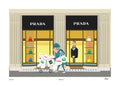Cartoon of a woman with shopping bags in front of a Prada store