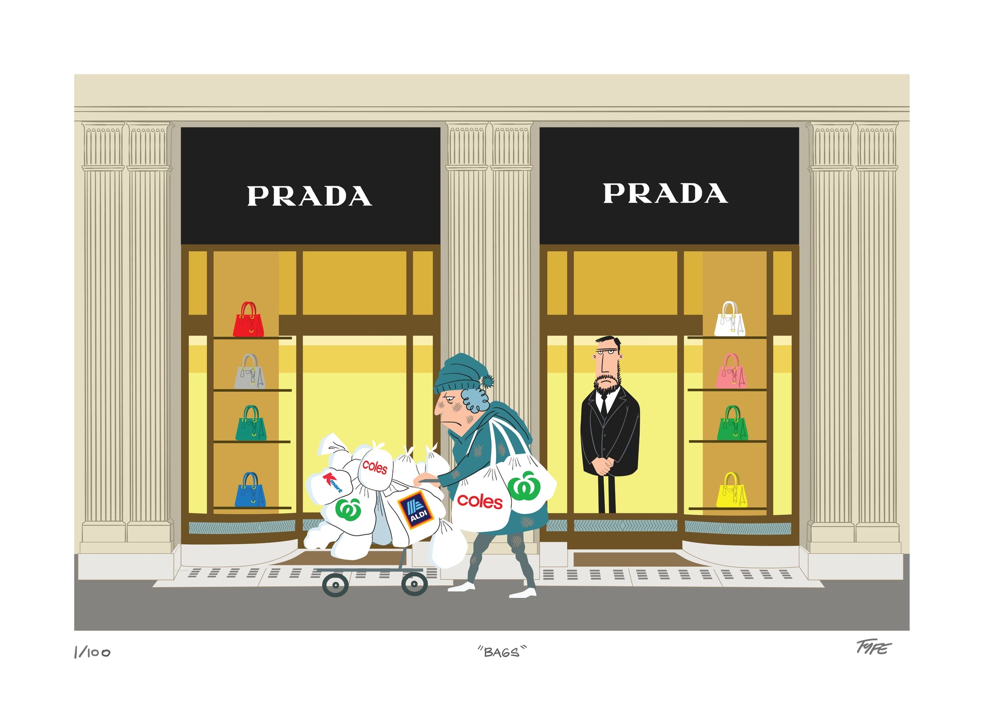 Cartoon of a woman with shopping bags in front of a Prada store
