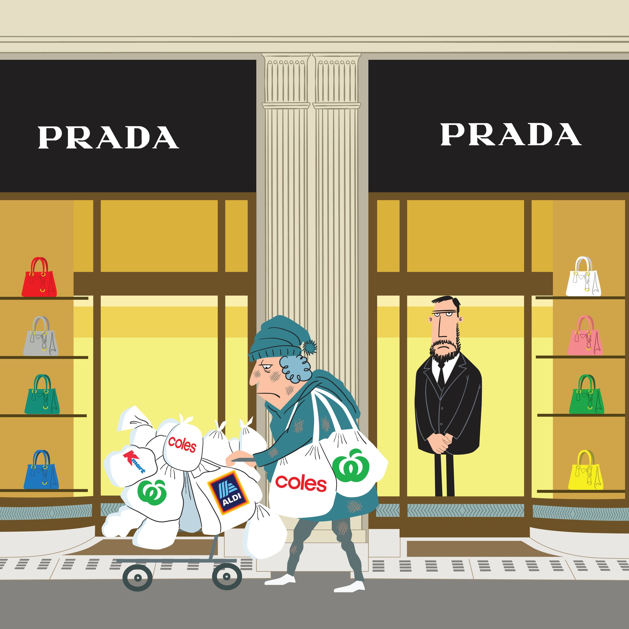 Cartoon of a woman with shopping bags in front of Prada store