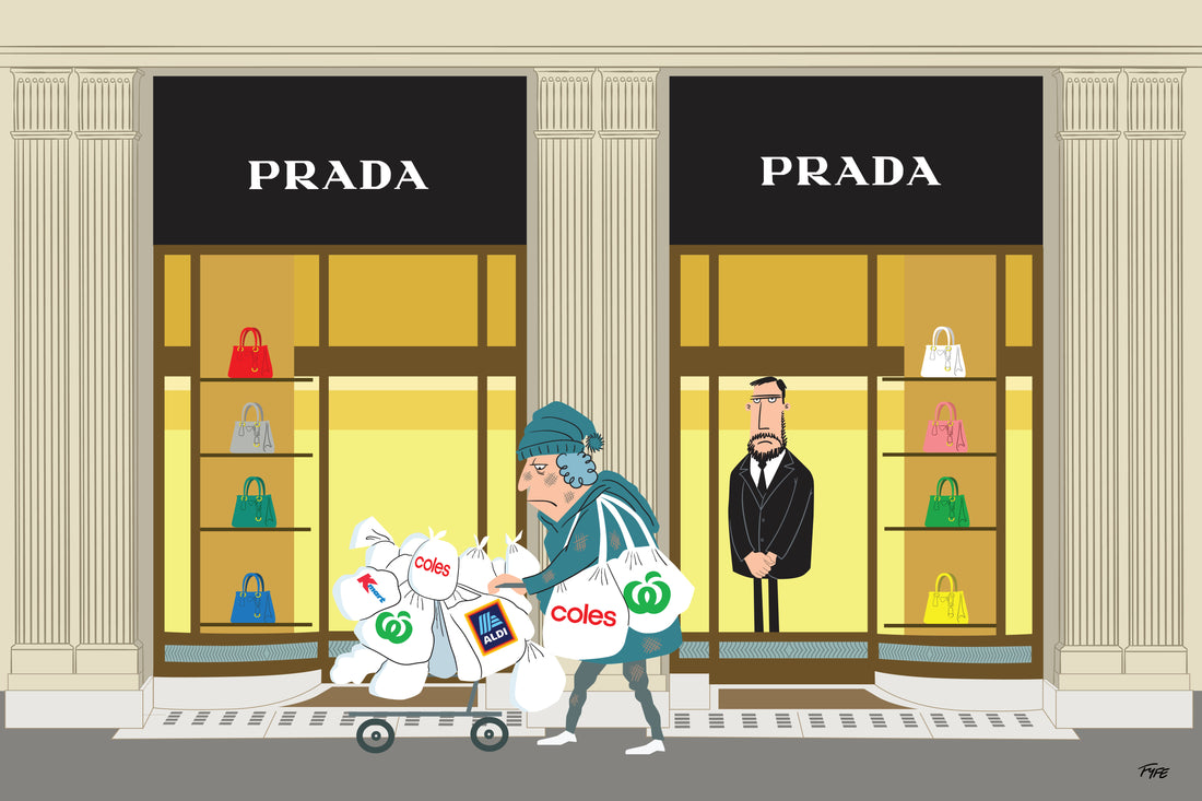Cartoon of a woman with shopping bags in front of Prada store