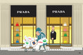 Cartoon of a woman with shopping bags in front of Prada store
