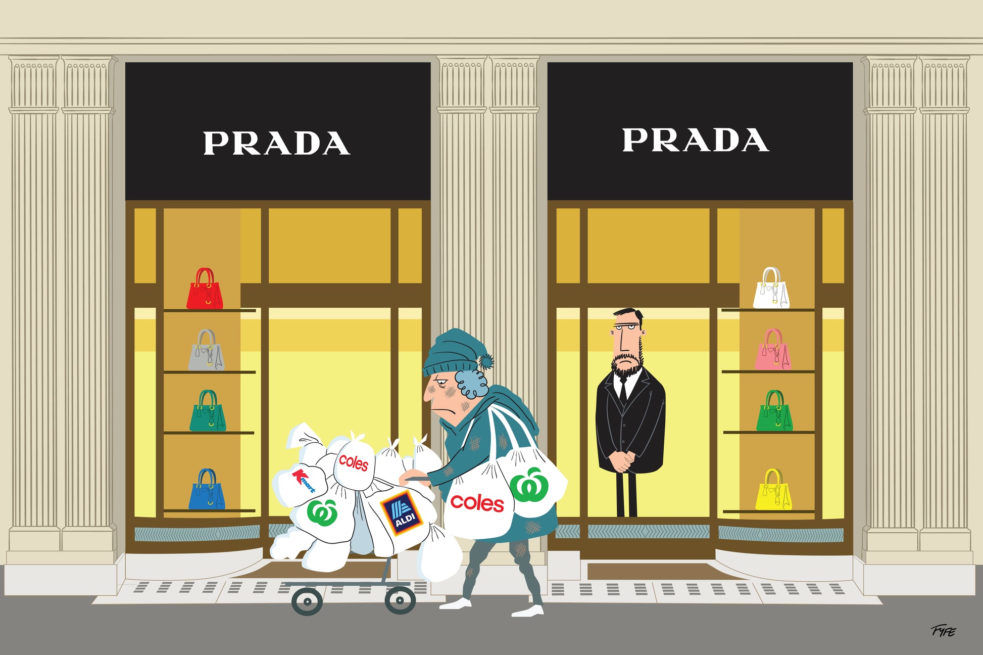 Cartoon of a woman with shopping bags in front of Prada store