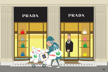 Cartoon of a woman with shopping bags in front of Prada store