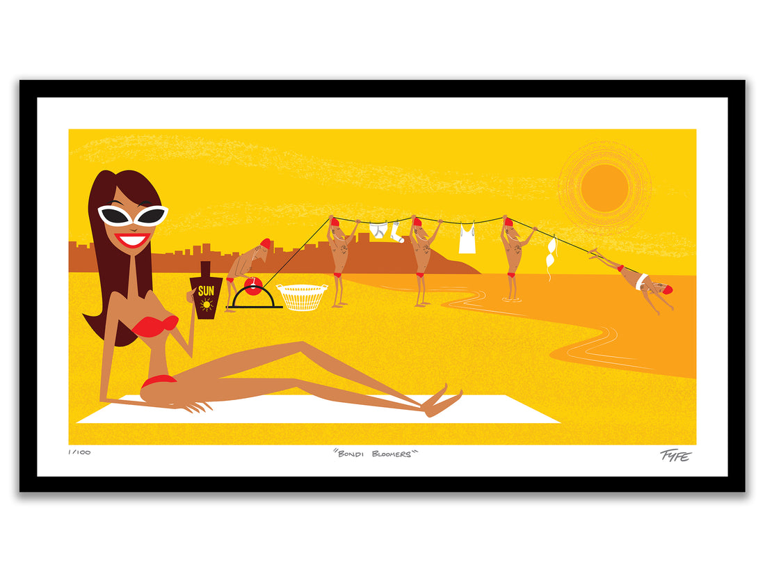 Woman sunbaking on Bondi Beach with lifesavers hanging washing in background