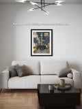 Framed artwork above a sofa in a living room with sample wall sizing text.