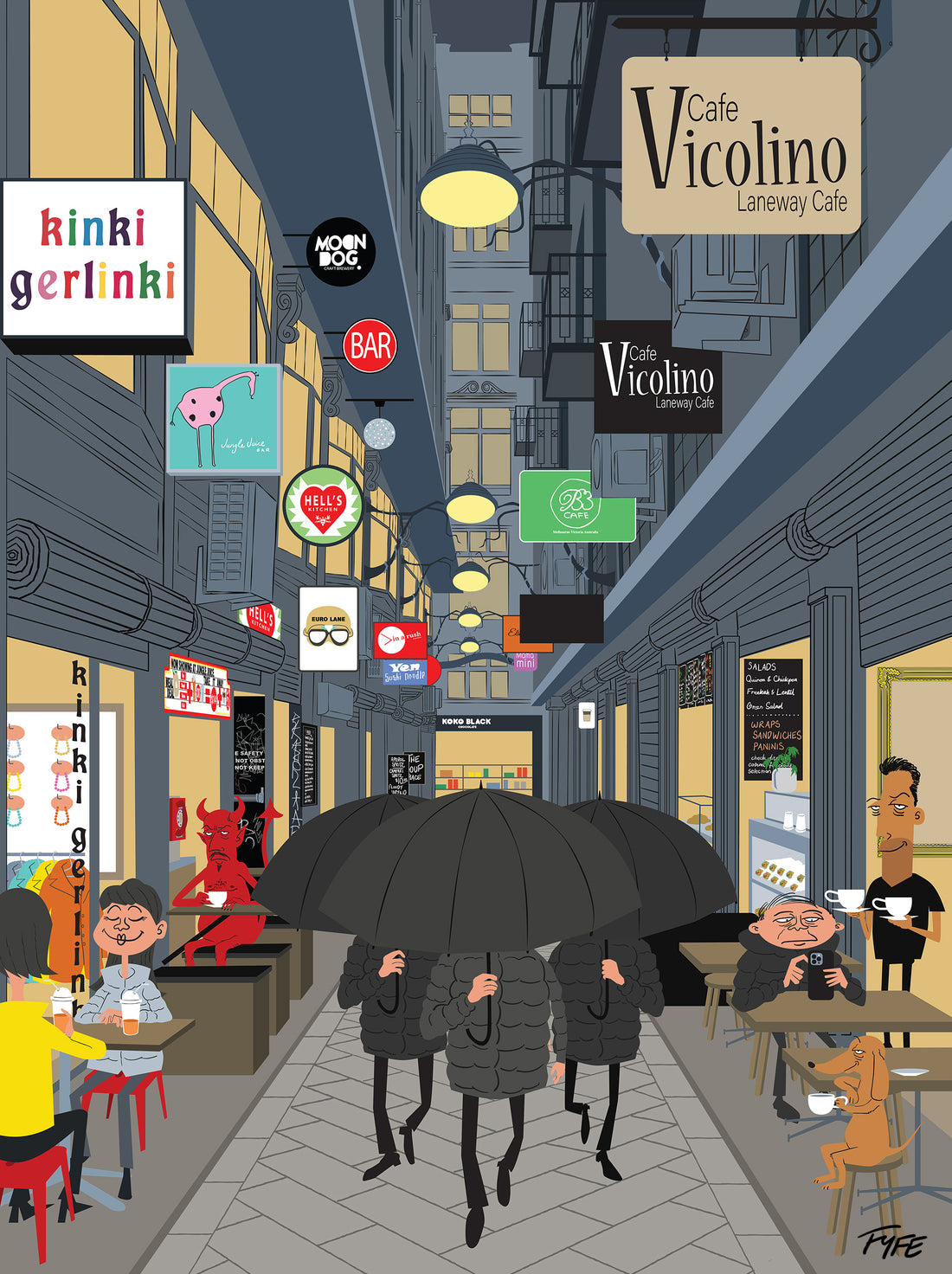 Illustration of a city street with people under umbrellas, shops, and cafes.