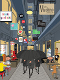 Illustration of a city street with people under umbrellas, shops, and cafes.