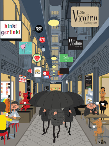 Illustration of a city street with people under umbrellas, shops, and cafes.