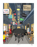 Illustration of a city street with people under umbrellas, cafes, and various signs.