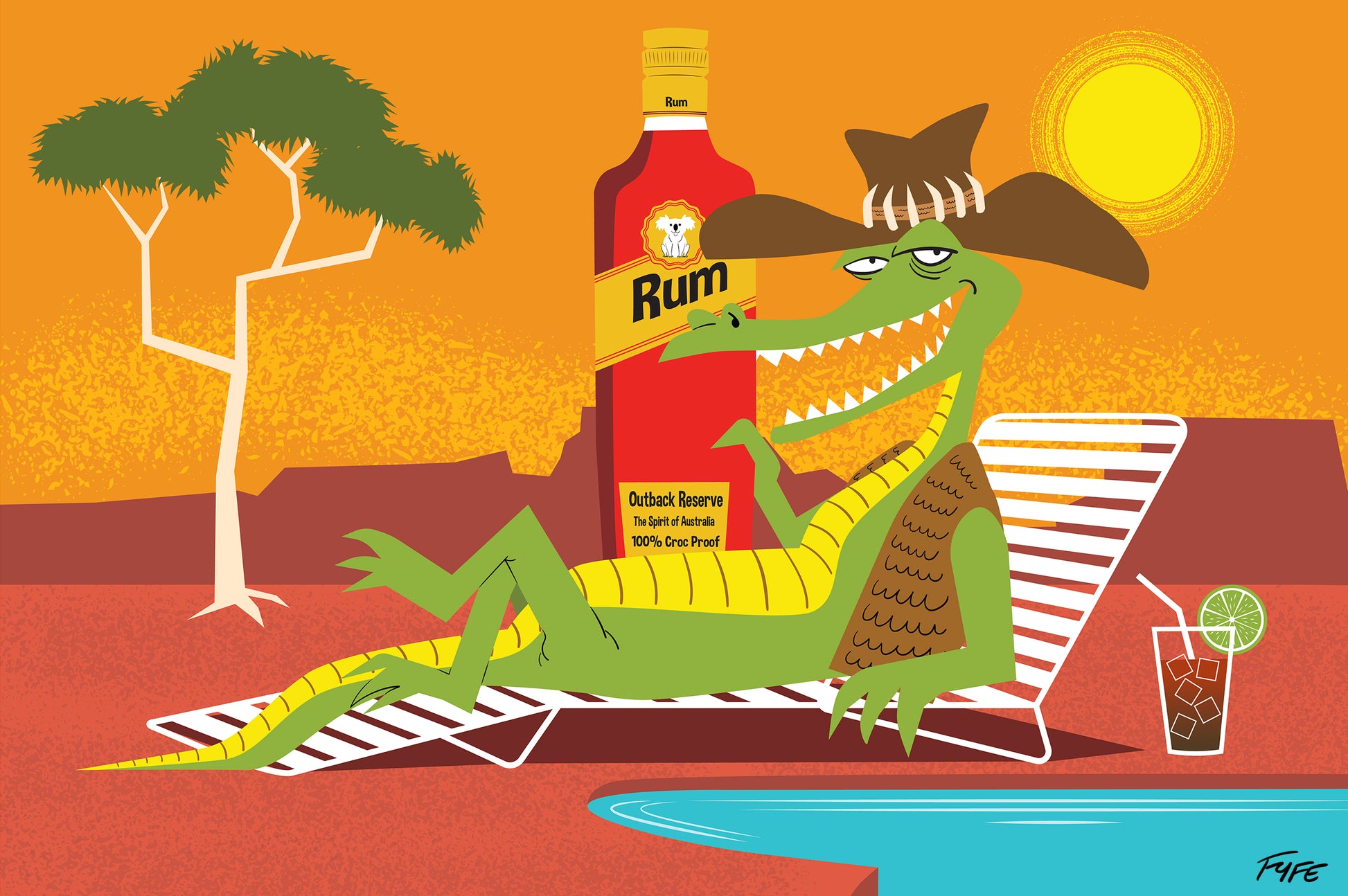 Crocodile Bundee – a humorous Australian pop-art print featuring a rugged outback character alongside a crocodile-shaped rum bottle, inspired by iconic Aussie culture.