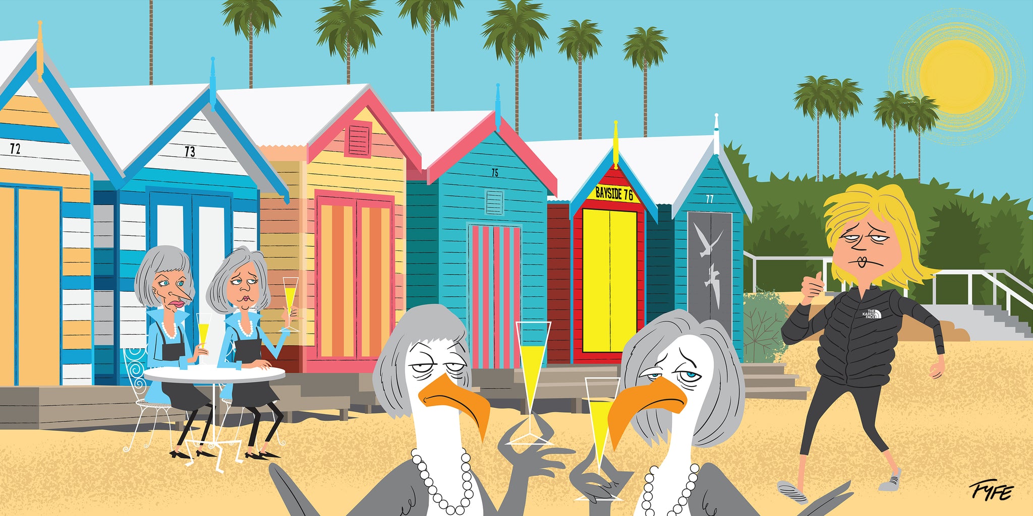 Cartoon scene with beach huts, people, and a seagull in a coastal setting.