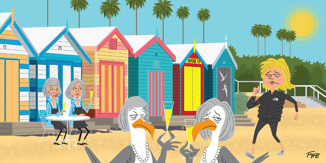 Cartoon scene with beach huts, people, and a seagull in a coastal setting.