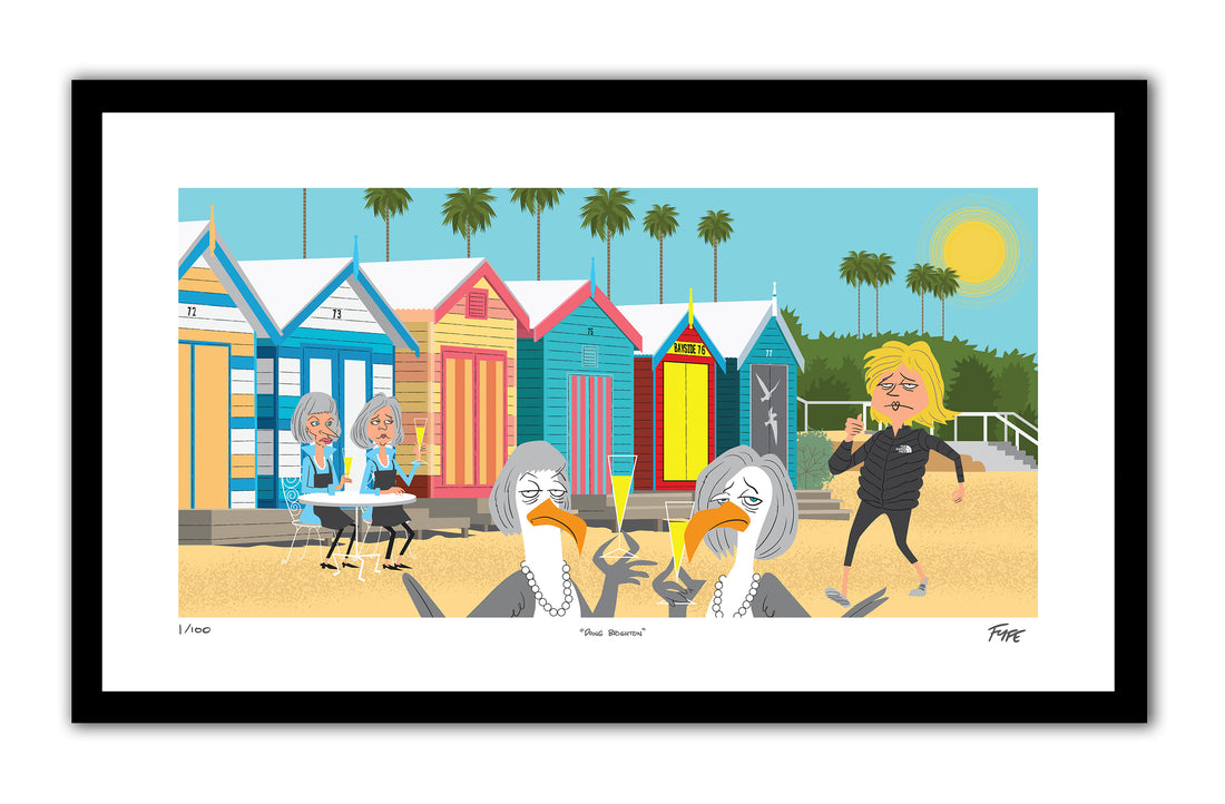 Cartoon scene with beach huts, people, and a seagull in a coastal setting.
