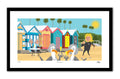 Cartoon scene of people at a beach with colorful huts and palm trees.