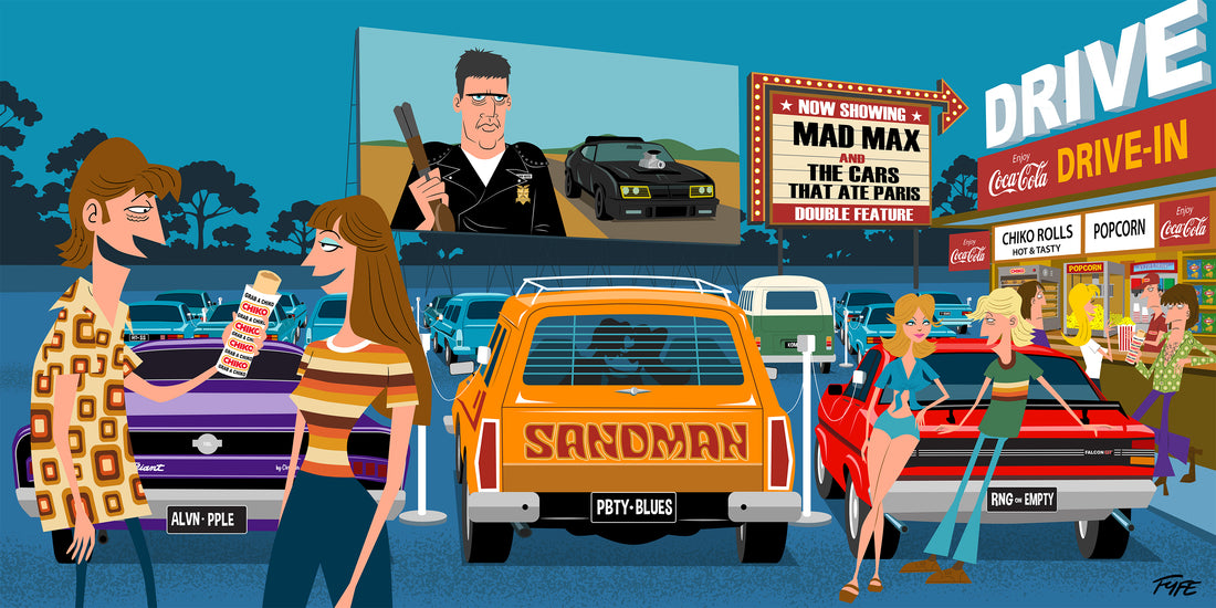 Drive-In Dragsters by Andrew Fyfe – retro Australian drive-in cinema artwork featuring classic muscle cars and cult movie references.