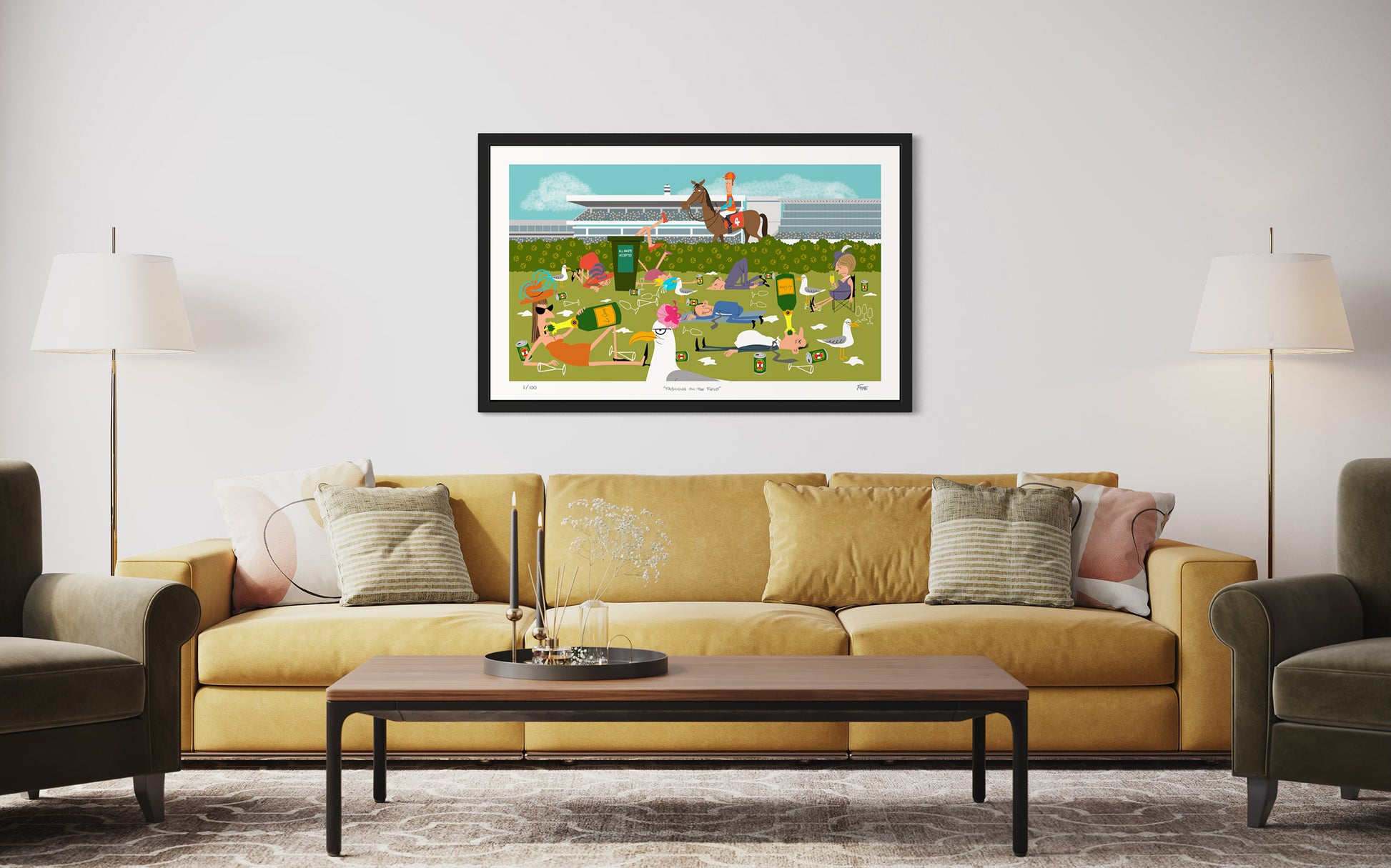 Living room with a yellow sofa, coffee table, and framed artwork on the wall.