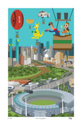 Illustration of a cityscape with sports stadium, people, and iconic elements like a kangaroo and football.