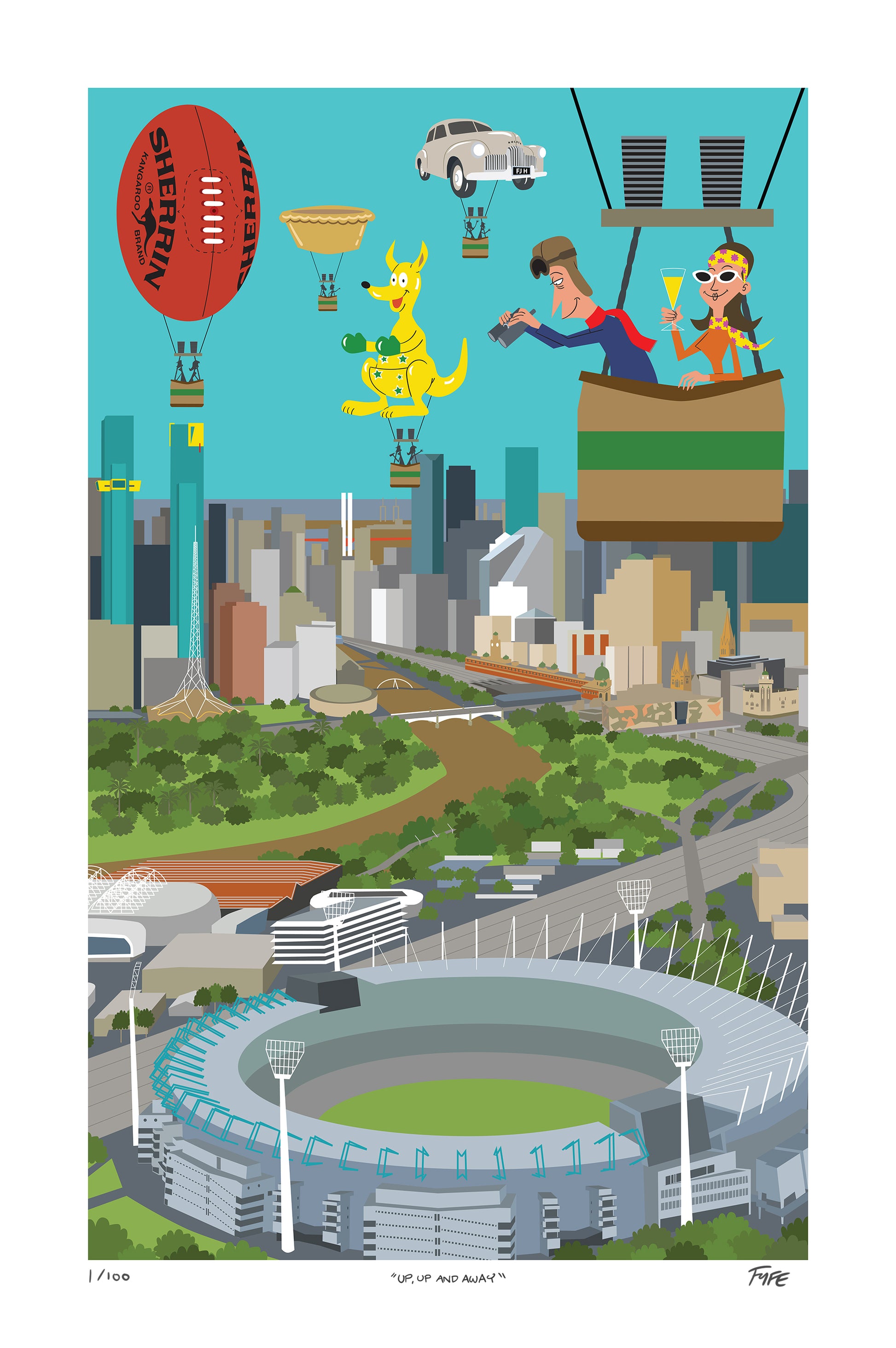 Illustration of a cityscape with sports stadium, people, and iconic elements like a kangaroo and football.