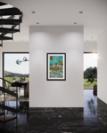 Modern interior with a framed artwork on a white wall, spiral staircase, and dining area.