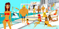 Colorful illustration of people at a pool party with a focus on a woman in a red bikini.