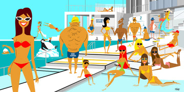 Colorful illustration of people at a pool party with a focus on a woman in a red bikini.