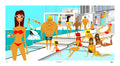 Colorful illustration of a pool party scene with people in swimsuits.