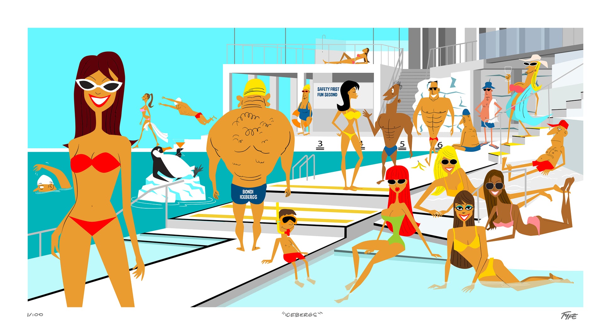 Colorful illustration of a pool party scene with people in swimsuits.