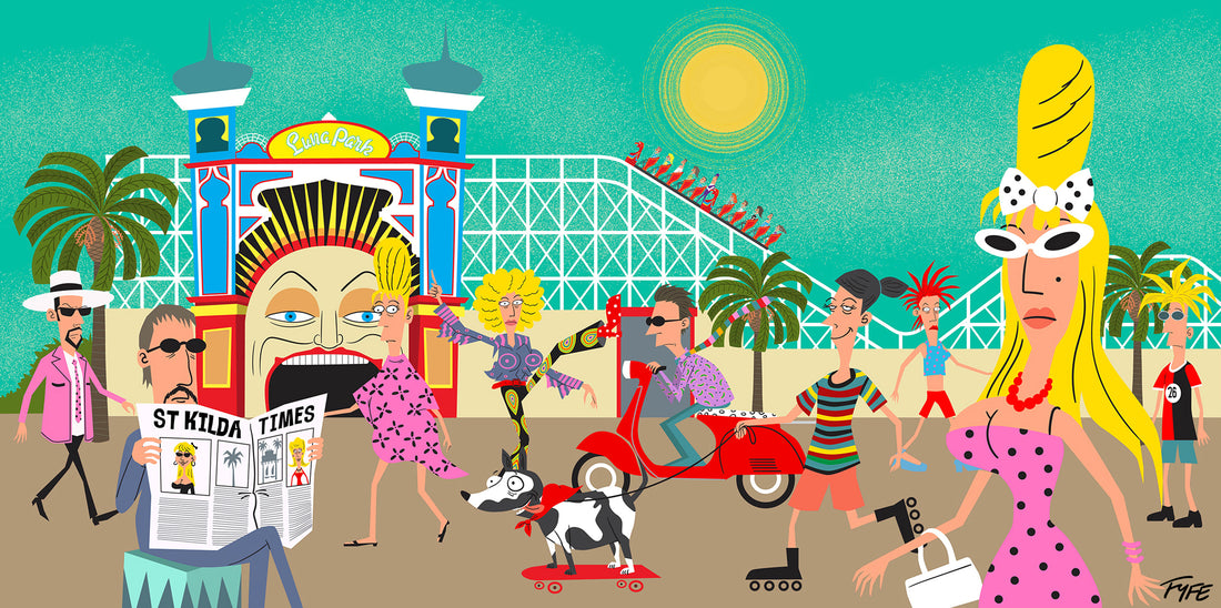Colorful illustration of a lively street scene with people, palm trees, and a building.
