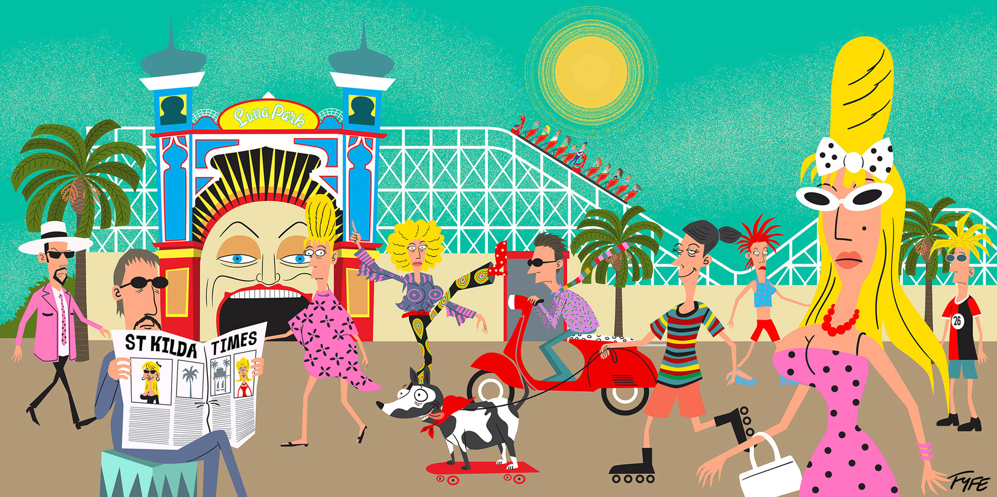 Colorful illustration of a lively street scene with people, palm trees, and a building.