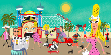 Colorful illustration of a lively street scene with people, palm trees, and a building.