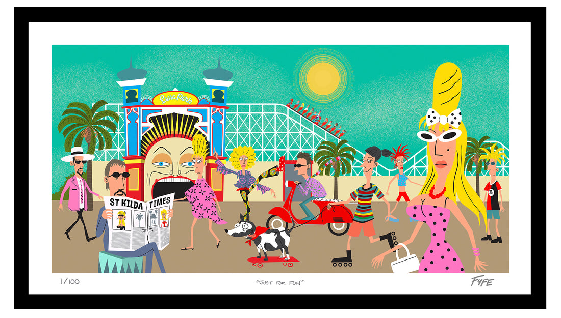 Colorful illustration of a lively street scene with people, palm trees, and a building.