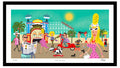 Illustration of a lively street scene with people and a vintage car, featuring a colorful and cartoonish style.