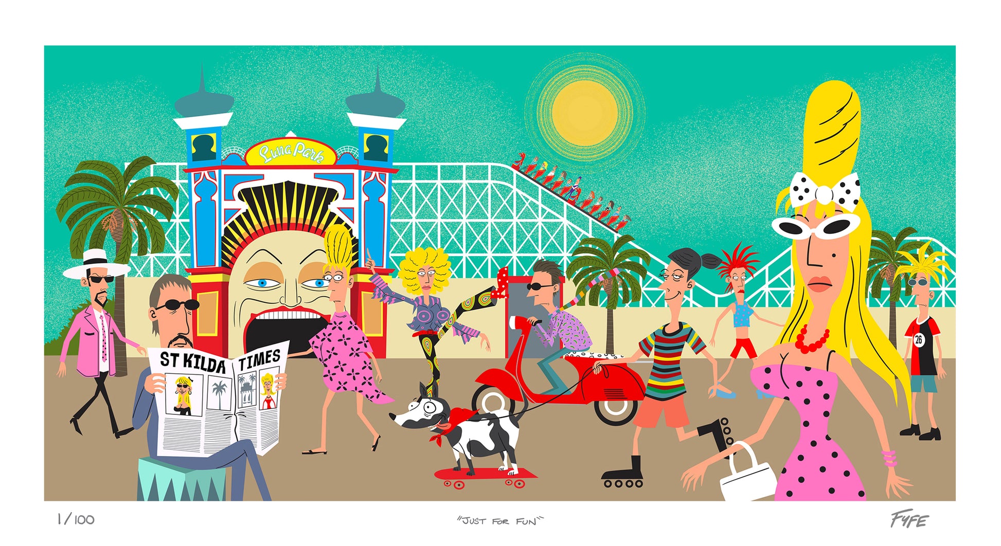 Colorful illustration of a lively beach scene with people and a prominent woman with a large yellow wig.