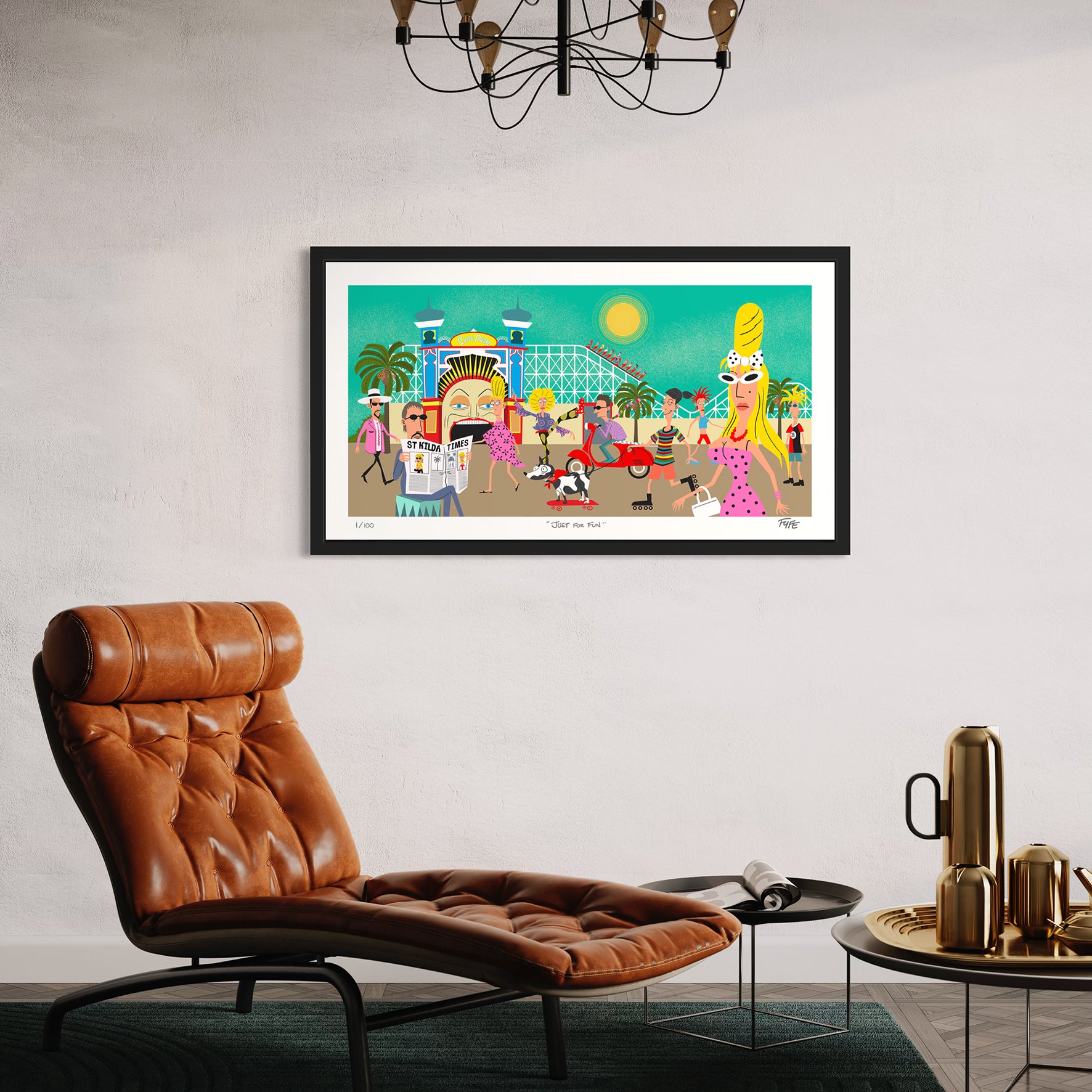Living room with a brown leather chair, coffee table, and framed artwork on the wall.